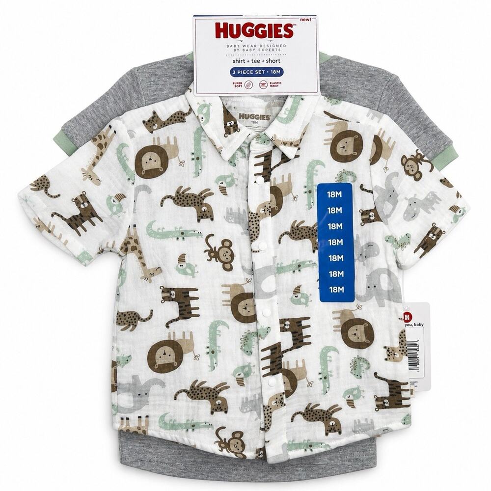 Huggies Baby Boys 3 Piece Outfit Set 18M Shirt Tee Shorts Safari Animals NWT